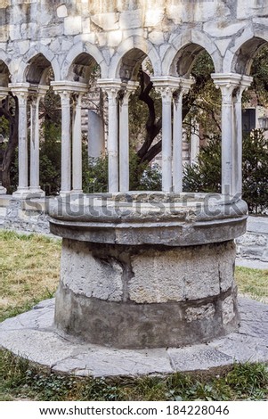12th century cloisters standing in a small garden (between Porta Soprana and Christopher Columbus\' house) - are all that remain of the convent that once stood here. Genoa , Italy.