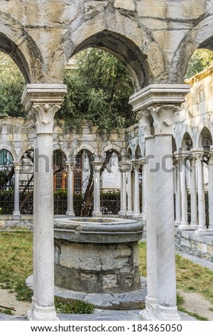 12th century cloisters standing in a small garden (between Porta Soprana and Christopher Columbus\' house) - are all that remain of the convent that once stood here. Genoa, Italy.