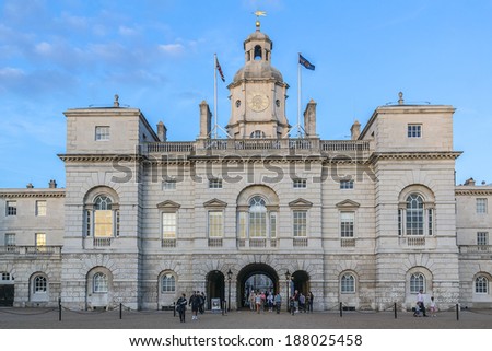 LONDON, UK - SEPTEMBER 1, 2013: Horse Guards building at sunset. It was built 1751 -1753 between Whitehall and Horse Guards Parade in Palladian style by John Vardy and designed by William Kent.