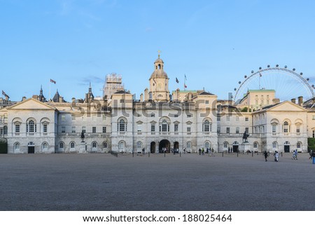 LONDON, UK - SEPTEMBER 1, 2013: Horse Guards building at sunset. It was built 1751 -1753 between Whitehall and Horse Guards Parade in Palladian style by John Vardy and designed by William Kent.