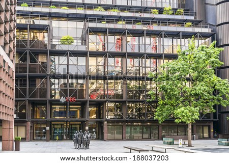 LONDON, UK - MAY 26, 2013: View of UBS (Union Bank of Switzerland) UK Head Quarter in London. UBS is a Swiss global financial services company.