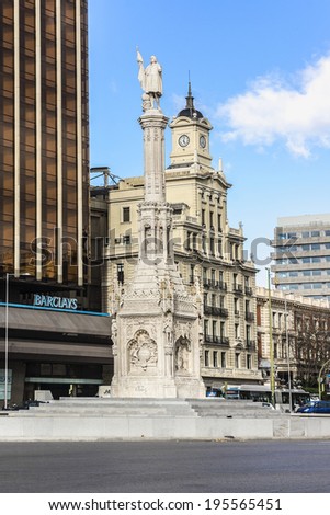 MADRID, SPAIN - NOVEMBER 20, 2013: Monument to explorer Christopher Columbus (Cristobal Colon) on the Columbus square (plaza de Colon).