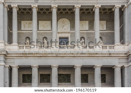 Main facade of Santa Maria la Real de La Almudena (designed by Marquis of Cuba, 1883 - 1993) - Catholic cathedral in Madrid, Spain