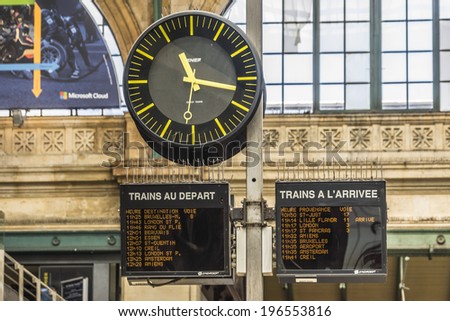 PARIS, FRANCE - MAY 17, 2014: Interior of Gare du Nord (North Station, designed by Jacques Hittorff, 1864) - one of the six large SNCF termini in Paris, largest and oldest railway stations in Paris.