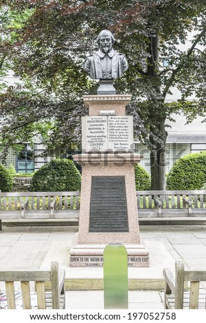 A bust of William Shakespeare in the St Mary Aldermanbury Garden, London. The bust is a memorial to John Heminge and Henry Condell who printed the first folio of Shakespeare's work.