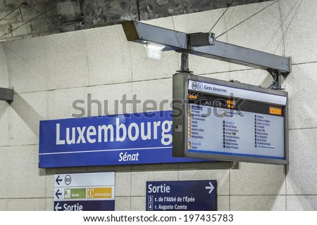 PARIS, FRANCE - MAY 10, 2014: Luxembourg metro station in Paris, France. Paris Metro is the 2nd largest underground system worldwide by number of stations.