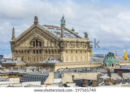 Panorama of Paris - Opera Garnier in the background. View from Printemps store. France.
