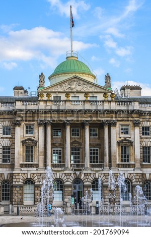 Somerset House - large Neoclassical building (design Sir William Chambers, 1776) in central London, overlooking River Thames. Somerset House - one of the major art and culture center in London.