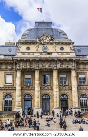 PARIS, FRANCE - MAY 13, 2014: The Palais de Justice (Palace of Justice), formerly the Palais de la Cite. Boulevard du Palais in central Paris. The Cour du Mai.