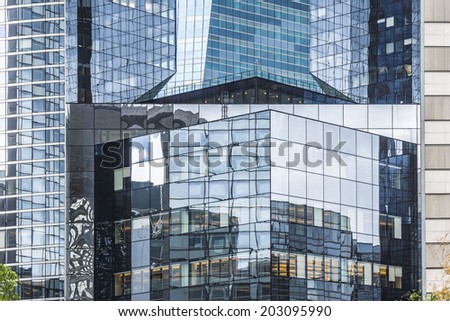 PARIS, FRANCE - MAY 13, 2014: View of Societe Generale headquarter (SG) tours in La Defense district, Paris. Societe Generale is a French multinational banking and financial services company.