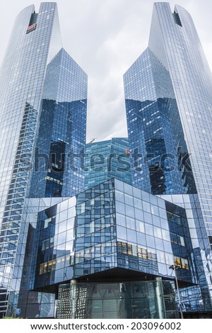 PARIS, FRANCE - MAY 13, 2014: View of Societe Generale headquarter (SG) tours in La Defense district, Paris. Societe Generale is a French multinational banking and financial services company.