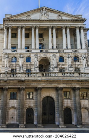 The historical building of the Bank of England, London, UK. Established in 1694, Bank of England is the second oldest central bank in the world.