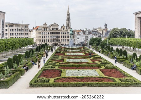 BRUSSELS, BELGIUM - JUNE 19, 2014: View of famous Kunstberg or Mont des Arts (Mount of the arts) gardens. By end of 19th century, King Leopold II had idea to convert hill into a Mont des Arts gardens.