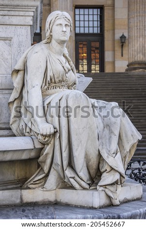 Statue of Germany\'s poet, philosopher and historian Friedrich Schiller near Concert Hall on Gendarmenmarkt Square in Berlin, Germany.