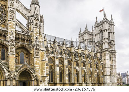 View of north side of Westminster Abbey (Collegiate Church of St Peter at Westminster) - Gothic church in City of Westminster, London. Westminster - traditional place of coronation of English monarchs