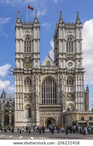 LONDON - MAY 31, 2013: View of front side of Westminster Abbey (Collegiate Church of St Peter at Westminster). Westminster - traditional place of coronation of English monarchs