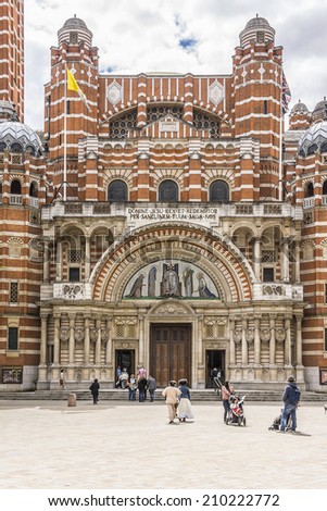 LONDON, UK - JUNE 2, 2013: View of Westminster Cathedral (1895 - 1903) - mother church of Catholic community in England and Wales and Metropolitan Church and Cathedral of Archbishop of Westminster.