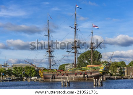 A replica (1985) of ship Amsterdam was moored next to Netherlands Maritime Museum in Amsterdam, Netherlands. VOC ship Amsterdam was an 18th century cargo ship of Dutch East India Company.