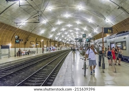 MONTE CARLO, MONACO - JULY 8, 2014: Interior of railway station Monaco-Monte Carlo (part of Marseille Ventimiglia railway line, opened in 1867, rebuilt in 1999). Principality of Monaco.
