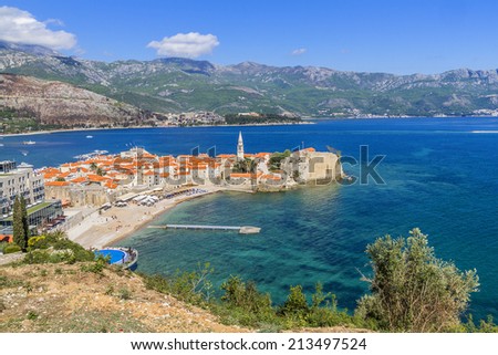 Landscape of old town Budva: Ancient walls and tiled roof of old town Budva, Montenegro, Europe. Budva - one of the best preserved medieval cities in the Mediterranean.