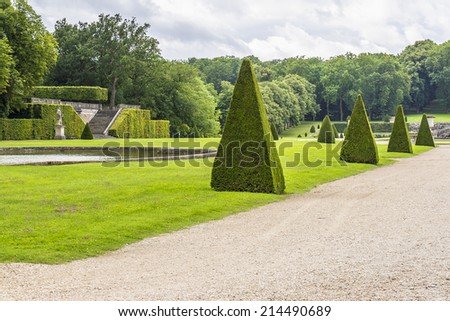 Beautiful garden designed by landscape architect Andre le Notre. Chateau de Vaux-le-Vicomte (1661) - baroque French Palace located in Maincy, near Melun, in Seine-et-Marne department of France.