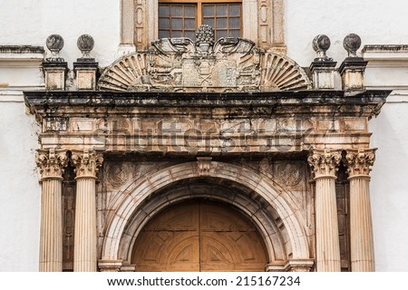 St. Catherine Cathedral (1640) - one of largest church in Asia is dedicated to Catherine of Alexandria. It is one of the most celebrated religious buildings in Goa. Old Goa, India. Detail of facade.