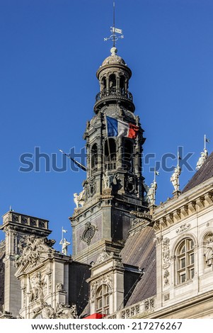 Hotel-de-Ville (City Hall) in Paris - building housing the City of Paris\'s administration. Building was constructed between 1874 and 1882 by architects Theodore Ballou and Edouard Deperta. France.