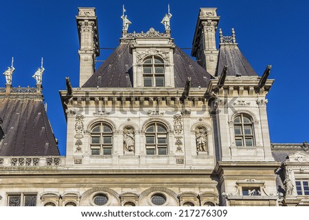 Hotel-de-Ville (City Hall) in Paris - building housing the City of Paris's administration. Building was constructed between 1874 and 1882 by architects Theodore Ballou and Edouard Deperta. France.