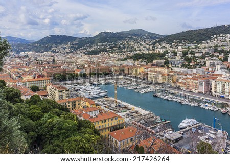 View on Port of Nice and Luxury Yachts, French Riviera, France.