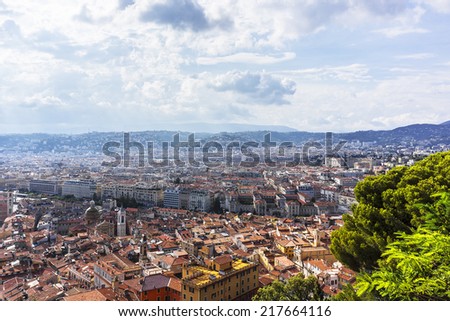 Wonderful panoramic view of Nice with colorful historical houses in Old City and sea. Nice - luxury resort of Cote d\'Azur, France.