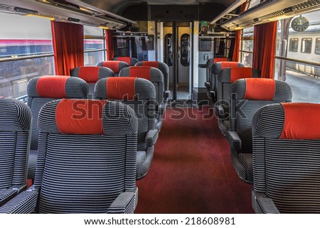PARIS, FRANCE - MAY 17, 2014: Interior of train at Paris Est (Gare de l\'Est, East station) - one of six large SNCF termini in Paris.  It is one of the largest and the oldest railway stations in Paris.