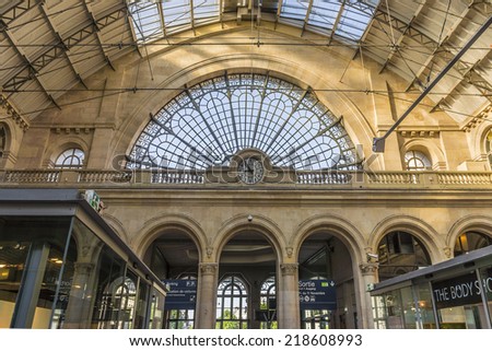 PARIS, FRANCE - MAY 17, 2014: Interior of Paris Est (Gare de l'Est, East station) - one of the six large SNCF termini in Paris.  It is one of the largest and the oldest railway stations in Paris.