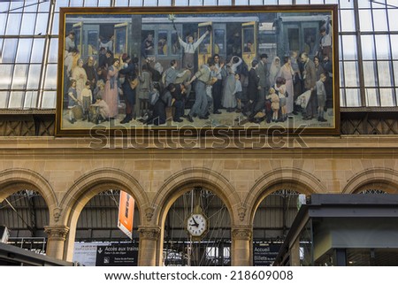 PARIS, FRANCE - MAY 17, 2014: Interior of Paris Est (Gare de l\'Est, East station) - one of the six large SNCF termini in Paris.  It is one of the largest and the oldest railway stations in Paris.