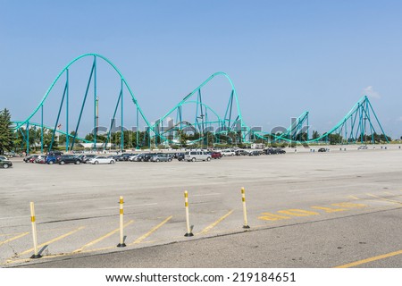 VAUGHAN, ONTARIO, CANADA - JULY 21, 2014: Canada\'s Wonderland (opened in 1981) - 130 ha theme park, home to most exhilarating collection of rides and roller coasters in North America. Leviathan.