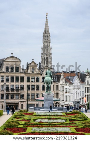 View of famous Kunstberg or Mont des Arts (Mount of the arts) gardens. By end of 19th century, King Leopold II had idea to convert hill into a Mont des Arts gardens. Brussels, Belgium.