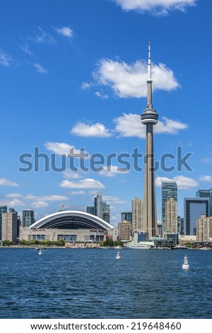 TORONTO, CANADA - JULY 23, 2014: View of Rogers Centre (or SkyDome, opened in 1989). Rogers Centre is a multi-purpose stadium situated next to CN Tower in downtown Toronto, Ontario.