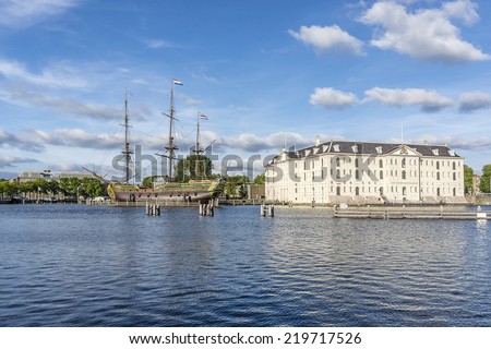 A replica (1985) of ship Amsterdam was moored next to Netherlands Maritime Museum in Amsterdam, Netherlands. VOC ship Amsterdam was an 18th century cargo ship of Dutch East India Company.