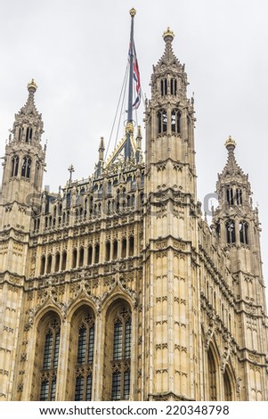 Victoria Tower (Charles Barry design) - largest and tallest (98 m) tower of Palace of Westminster. Palace of Westminster (or Houses of Parliament) located in City of Westminster, London.