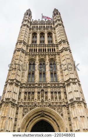 Victoria Tower (Charles Barry design) - largest and tallest (98 m) tower of Palace of Westminster. Palace of Westminster (or Houses of Parliament) located in City of Westminster, London.