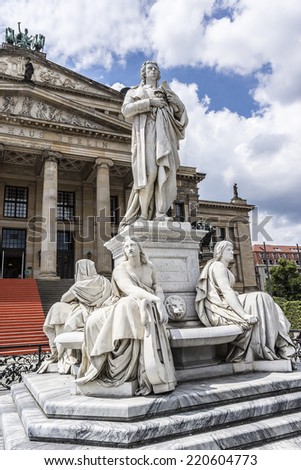 Statue of Germany's poet, philosopher and historian Friedrich Schiller near Concert Hall on Gendarmenmarkt Square in Berlin, Germany.