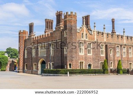 LONDON, UK - JUNE 4, 2013: Architectural fragment of Entrance to Hampton Court, Richmond-Upon-Thames. Hampton Court (1514) was originally built for Cardinal Thomas Wolsey, favorite of King Henry VIII.