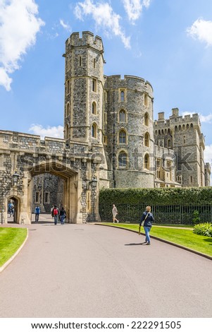 WINDSOR, ENGLAND - MAY 27, 2013: Outside view of Medieval Windsor Castle. Windsor Castle is a royal residence at Windsor in the English county of Berkshire.