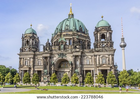 BERLIN, GERMANY - JUNE 16, 2014: Berlin Cathedral (Berliner Dom) - famous landmark on the Museum Island in Mitte district of Berlin. It was built between 1895 and 1905.