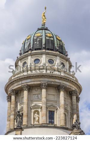 French Cathedral (Franzoesischer Dom, 1705, first parts - architects Louis Cayart and Abraham Quesnay) on Gendarmenmarkt Square in central Mitte district of Berlin, Germany.