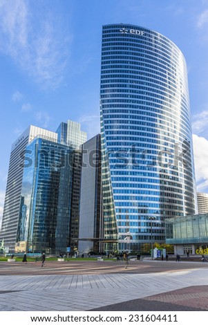PARIS, FRANCE - NOVEMBER 12, 2014: Skyscrapers in business district of Defense to the west of Paris. Defense is biggest business district in France and most of large companies have offices here.