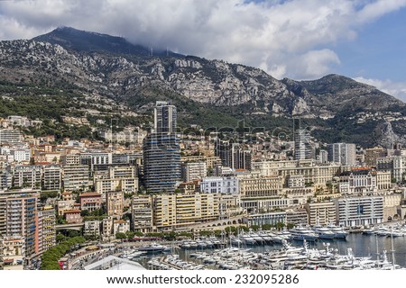 Panorama of Monte Carlo from the lookout near the Prince\'s Palace of Monaco (Monaco - Ville) - a lot of color buildings on a very small area. Principality of Monaco, French Riviera, Western Europe.