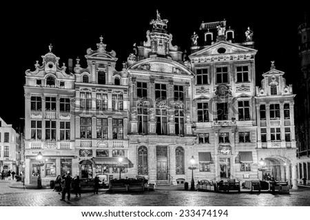 BRUSSELS, BELGIUM - MAY 11, 2014: Night view of the famous Grand Place (Grote Markt) - the central square of Brussels. Grand Place was named by UNESCO as a World Heritage Site in 1998. (Black&white).