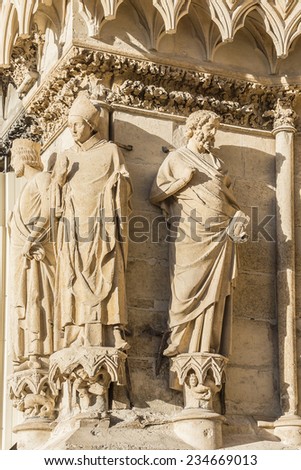 Architectural fragments of Notre-Dame de Reims cathedral facade (Our Lady of Reims, 1275). Reims, Champagne-ardenne, France. It is seat of Archdiocese of Reims, where kings of France were crowned.