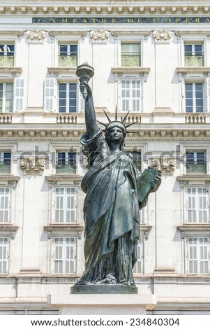 NICE, FRANCE - JULY 11, 2014: View Statue of Liberty. A replica of America's most famous monument, Statue of Liberty, is to be installed February 1, 2014 in Nice by Mayor of Nice Christian Estrosi.