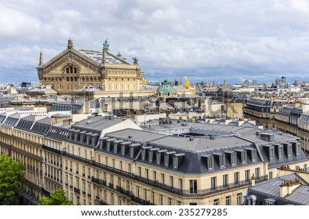 Panorama of Paris - Opera Garnier in the background. Palais Garnier is a 1,979 seat opera house, which was built in 1875 for Paris Opera. View from Printemps store. France.